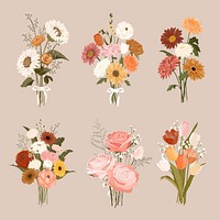 Flower bouquet sticker, pastel wedding illustration psd set