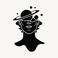 Surreal head clipart, black Saturn illustration