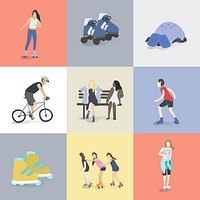 Set of character illustration of a guy on a bike and people rollerskating