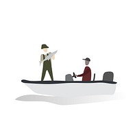 Character illustration of men in a boat catching fish