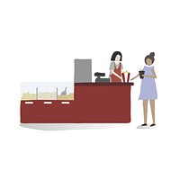 Character illustration of a woman buying drinks at the cinema