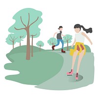 Character illustration of people rollerskating at the park