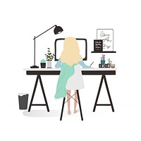 Character illustration of a blonde designer working on her desk