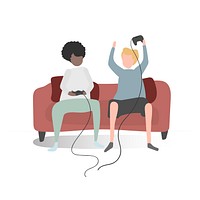 Character illustration of two friends playing video games