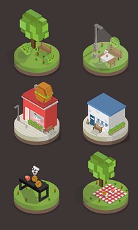 Vector set of pixelated park and city models