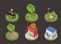 Vector set of pixelated park and city models