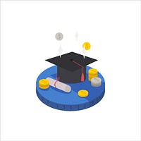Illustration of a graduation hat, diploma and cash icon