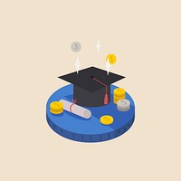 Illustration of money, graduation hat and diploma