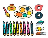 Vector set of art paints stationery doodle style