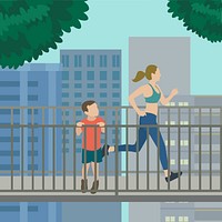 Woman running on an elevated rail trail illustration