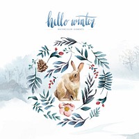 Rabbit surrounded by winter bloom painted by watercolor vector