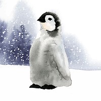 Young emperor penguin in the snow watercolor vector
