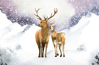 Hand-drawn pair of deer in a winter landscape watercolor style vector