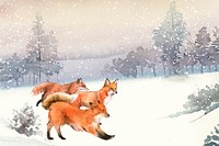 Hand-drawn foxes running in the snow watercolor style