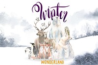 Group of wild animals in a winter wonderland painted din watercolor
