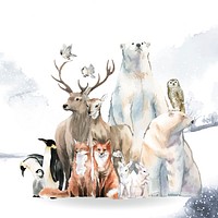 Group of wild animals in the snow drawn in watercolor