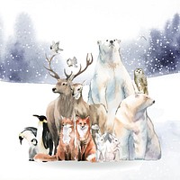 Group of wild animals in the snow drawn in watercolor