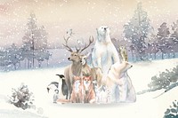 Group of wild animals in the snow drawn in watercolor