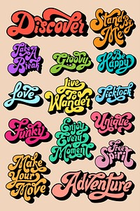 Colorful funky stylized script font sticker set on a beige background vector