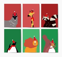 Collection of cute animals wearing Santa hats in cartoon style vector