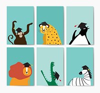 Collection of cute animals wearing a graduation cap in cartoon style vector