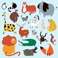 Cute animal stickers psd colorful wildlife doodle for kids collection