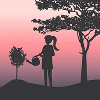 Silhouette of a girl watering a plant vector