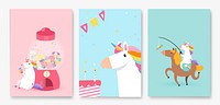 Set of colorful unicorn birthday card vectors