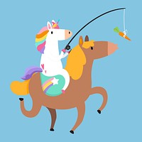 Unicorn riding a pony and holding a carrot on a stick vector