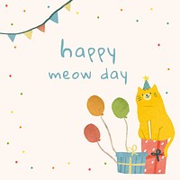 Birthday greeting template vector with cat illustration