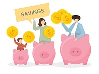 Illustration of a family with a piggy bank