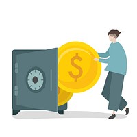 Illustration of character saving money in safe