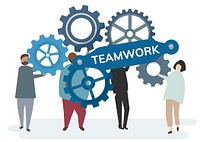 Illustration of character with cogwheel gears portraying teamwork concept