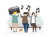 Group of illustrated friends listening to music