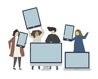 Group of friends with digital device illustration