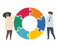 Teamwork connecting jigsaw puzzle piece