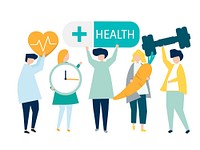 Charactes of people holding health icons illustration