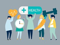 Charactes of people holding health icons illustration