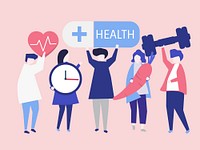 Charactes of people holding health icons illustration