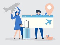 Characters of people holding travel icons illustration