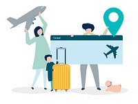 Characters of people holding travel icons illustration