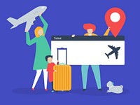 Characters of people holding travel icons illustration