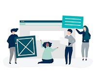 Characters of people holding website icons illustration<br />