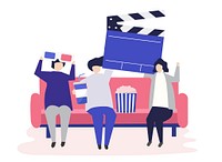 Characters of people holding movie icons illustration