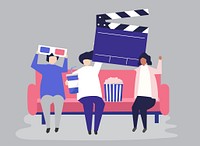Characters of people holding movie icons illustration