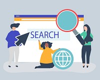 Characters of people holding internet search icons illustration