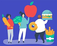 Characters of people holding food icons illustration