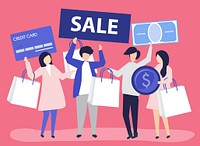 Characters of people holding shopping icons illustration