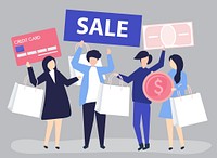 Characters of people holding shopping icons illustration