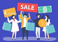 Characters of people holding shopping icons illustration